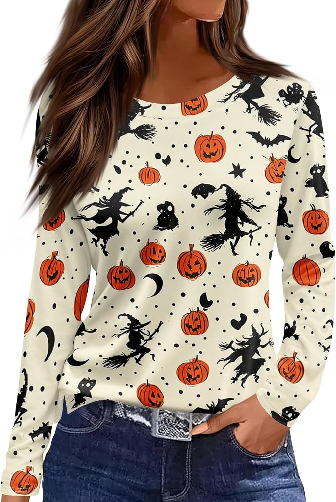 Halloween Shirts for Women Skeleton Crew Neck 3/4 Sleeve Tee Ghost Witch Blouse Dancing Skeleton Shirt Pumpkin Top - skull tshirt