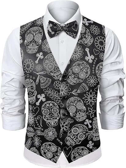 2-Piece Mens Halloween Christmas Suit Vest & Bow Tie S-3XL - sugar skull dress