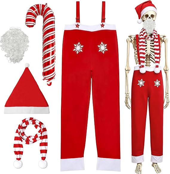 5 Pcs 12 ft Skeleton Christmas Costume Set Outfit Santa Hat Accessories - skeleton