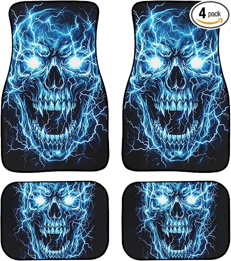 Blue Skull Lightning Print Non Slip Car Floor Mats Full Set of 4 - skull carpet