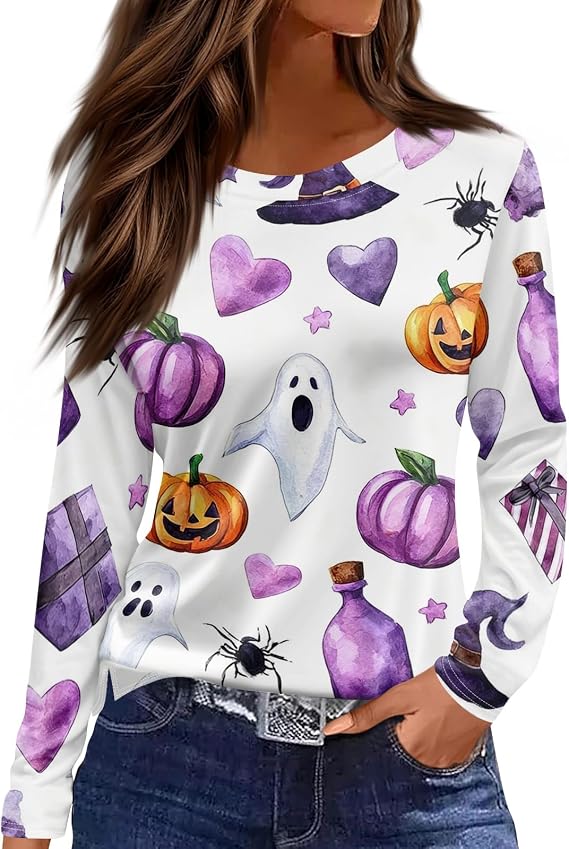 Women's Halloween Shirts Candy Ghost Long Sleeve Crew Neck Tee Pumpkin Bat Top Skeleton Drinking Coffee T Shirt - skull tshirt
