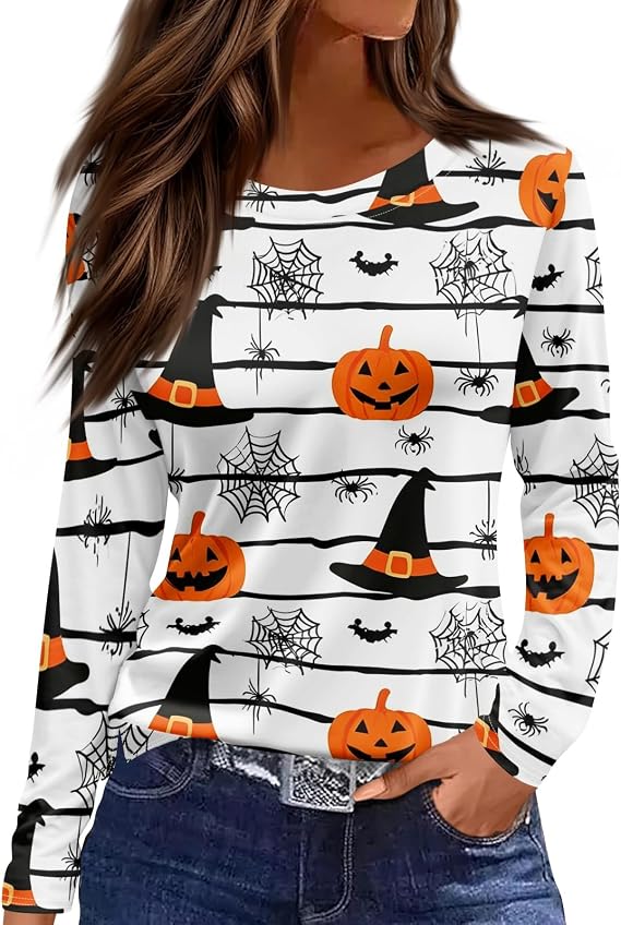 Halloween Womens Shirt Sugar Fall Long Sleeve Crew Neck Blouse Witch Skull Tee Boosch Ghost Shirt Boo Bat Top - skull sweatshirts