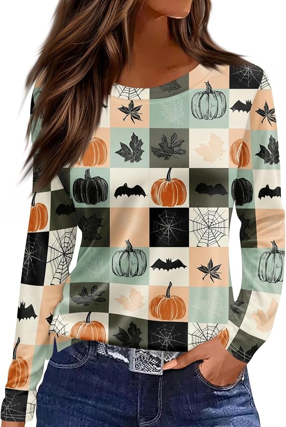 Halloween T Shirt Women Spooky Candy Crew Neck Long Sleeve Top Ghost Spider Tee Boo Sheet Shirt Boo Pumpkin Blouse - skull tshirt