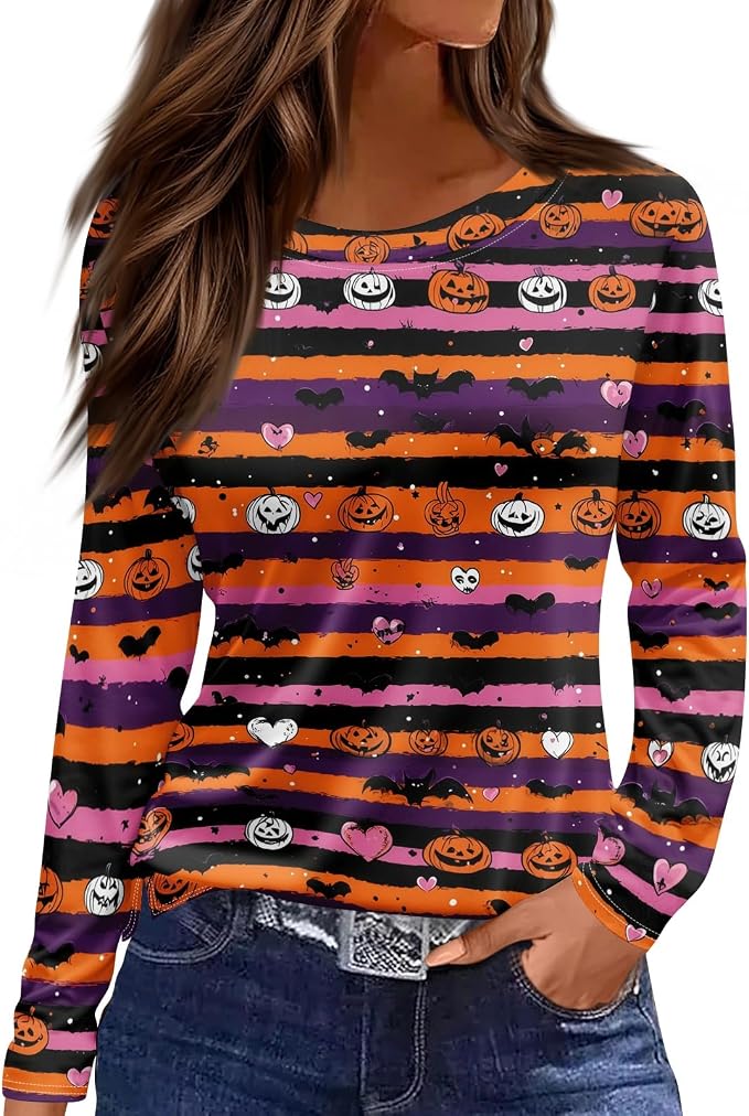 Cute Halloween Shirts for Women Pumpkin Candy 3/4 Sleeve Crew Neck Top Spooky Tee Skeleton Hands Shirt Women Witch - skull tshirt