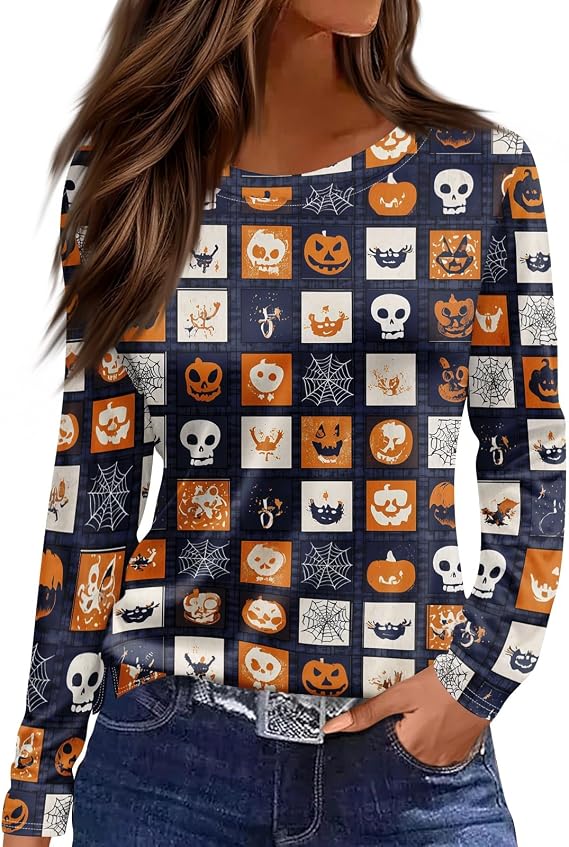 Halloween Shirt Women Sugar Ghost Crew Neck Long Sleeve Tee Bat Candy Blouse Pumpkin Book Shirt Spooky Spider Top - skull sweatshirts