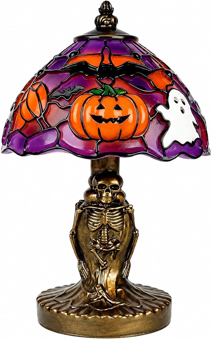 Halloween Table Lamp, Hand-Painted Skeleton Pumpkin Resin USB Desk Light, Orange and Purple Glow - skull lamp