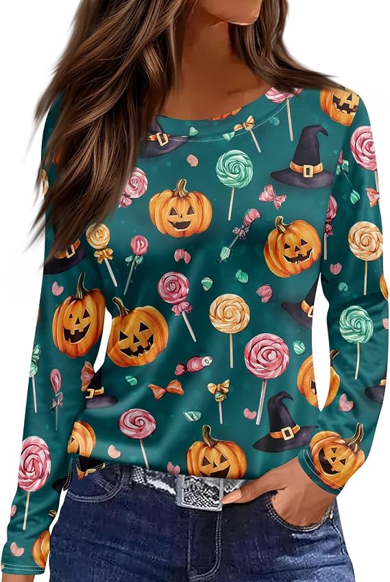Cute Halloween Shirts for Women Pumpkin Candy 3/4 Sleeve Crew Neck Top Spooky Tee Skeleton Hands Shirt Women Witch - skull sweatshirts