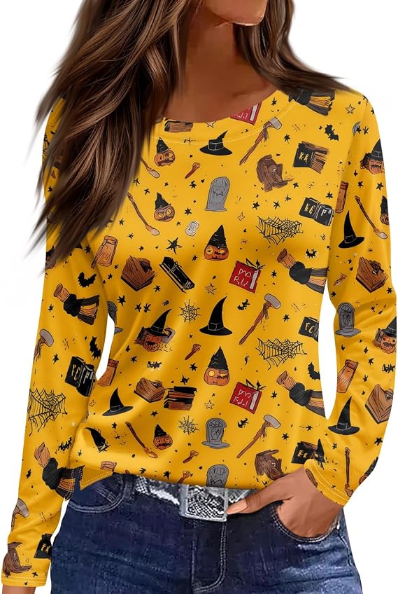 Cute Halloween Shirts for Women Pumpkin Candy 3/4 Sleeve Crew Neck Top Spooky Tee Skeleton Hands Shirt Women Witch - skull tshirt