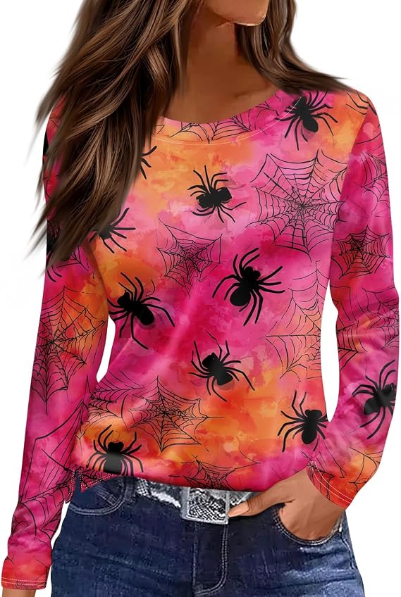 Halloween Womens Shirt Sugar Pumpkin Fall Crew Neck 3/4 Sleeve Top Skeleton Blouse Candy Security Shirt Bat Boo Tee - skull tshirt