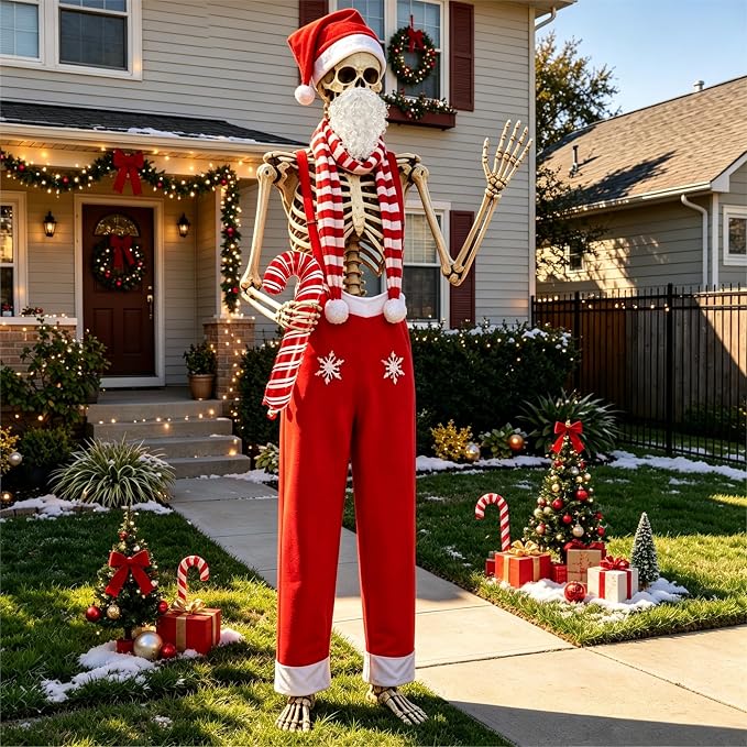 12 ft Skeleton Christmas Costume Set, 5Pcs Giant Santa Outfit Accessories - skeleton