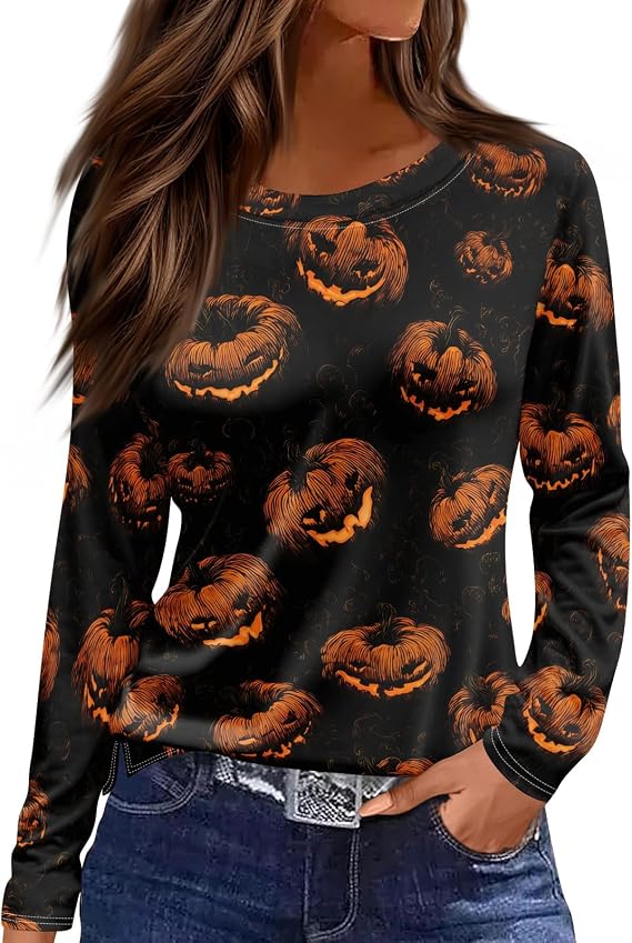 Halloween Shirt Women Sugar Ghost Crew Neck Long Sleeve Tee Bat Candy Blouse Pumpkin Book Shirt Spooky Spider Top - skull tshirt