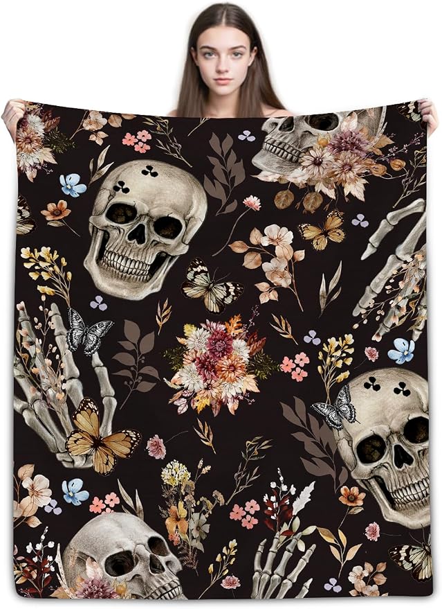 Skull Throw Blanket, Gothic Fall Floral Butterfly Skeleton Blanket,30"x40" - skull blanket