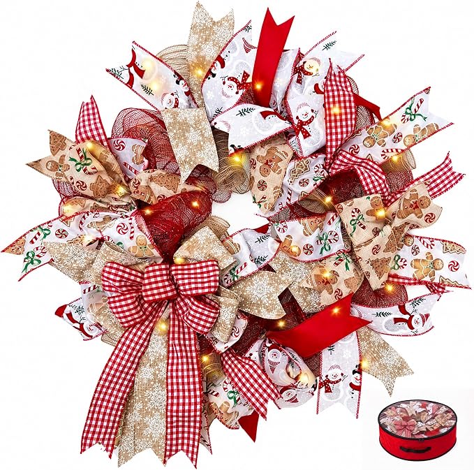 24 Inch Christmas Wreath for Front Door, Pre-Lit Gingerbread Wreath with Snowman Candy & Bow, Ribbon & Mesh, Winter Wreath with Storage Bag for Wall Mantel Window Entryway Christmas Decor - skull wreath