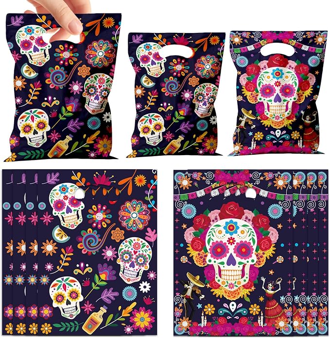 Papiailove 50 Pcs Mexican Fiesta Party Decorations, Sugar Skull Favor Bags, Calavera Goodie Bags for Candy Treats, Halloween Birthday, Trick or Treat Carnival Party, Classroom Party Supplies - skull sticker