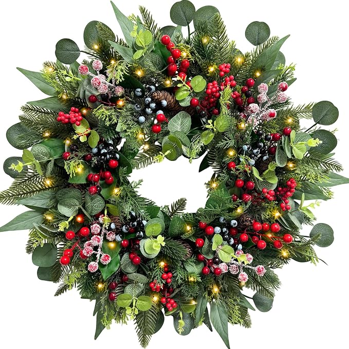 24" Christmas Wreath for Front Door with Lights,Prelit Christmas Wreath with Red/Blue Berries Pine Cones,Outdoor Christmas Decorations Winter Wreath for Windows Indoor Wall Holiday Decor - skull wreath