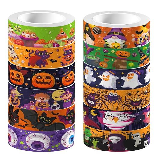 12 Rolls Halloween Washi Tape Set - 15mm x 5m Cute Kawaii Decorative Japanese Masking Tape for Scrapbooking, Bullet Journal, Planner, DIY Crafts, Gift Wrapping, Halloween Party Supplies, Pumpkin Ghost - skull sticker