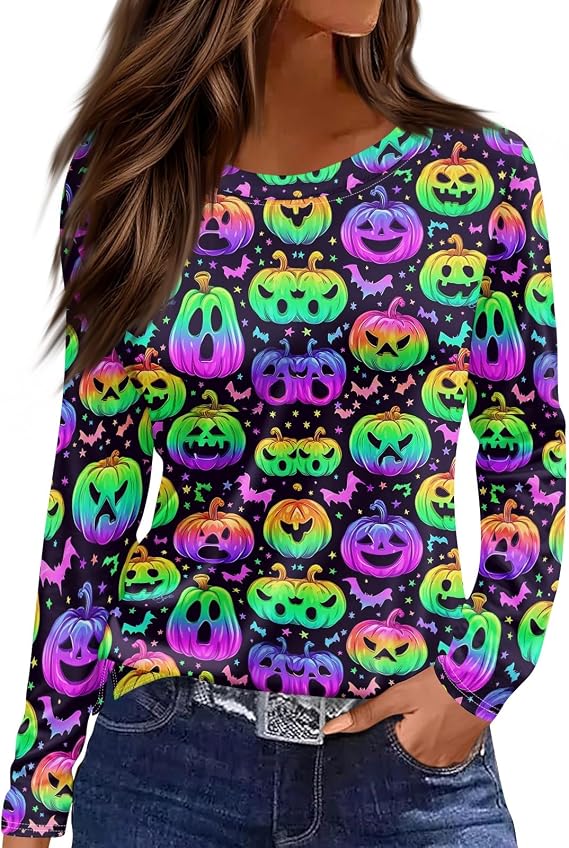 Halloween Womens Shirt Sugar Fall Long Sleeve Crew Neck Blouse Witch Skull Tee Boosch Ghost Shirt Boo Bat Top - skull tshirt