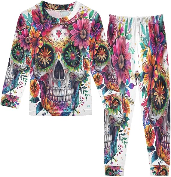 Colorful Human Skull Mexican Floral Tattoo Pajama Set Cotton Pjs Sleepwear - skull pajamas