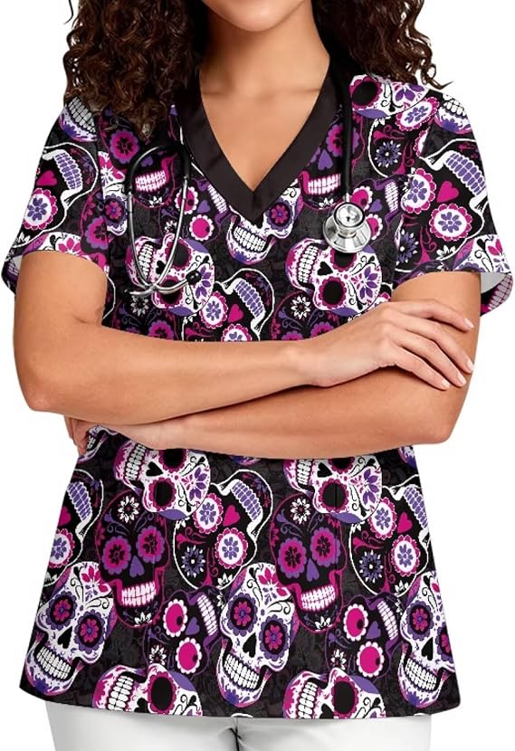 Printed Scrub Top for Women, V Neck Stretch Plus Size Work Uniform - skull tshirt