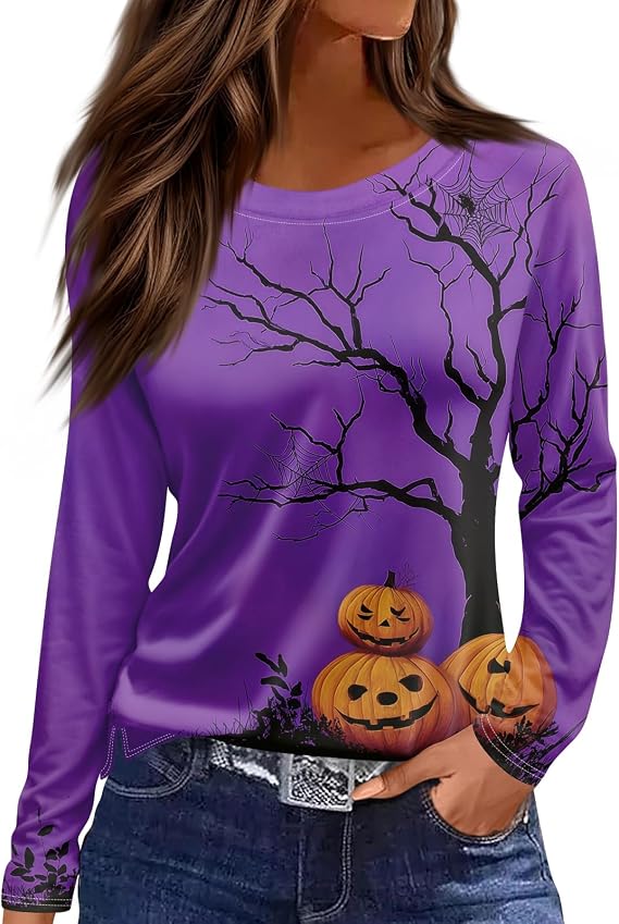 Halloween T Shirt Women Spooky Candy Crew Neck Long Sleeve Top Ghost Spider Tee Boo Sheet Shirt Boo Pumpkin Blouse - skull sweatshirts