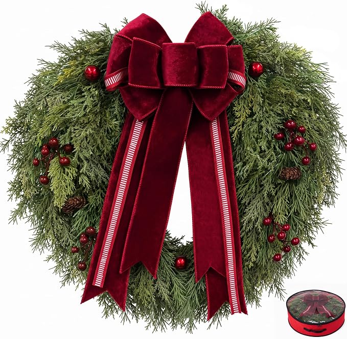 26 Inch Christmas Wreath for Front Door, Cedar & Burgundy Velvet Bow - skull wreath