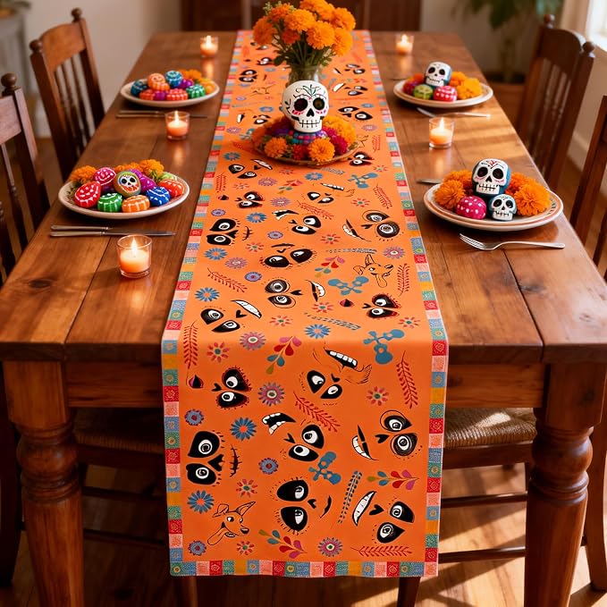 Day of the Dead Table Runner, Ofrenda Altar Decor Orange 13 x 72 in