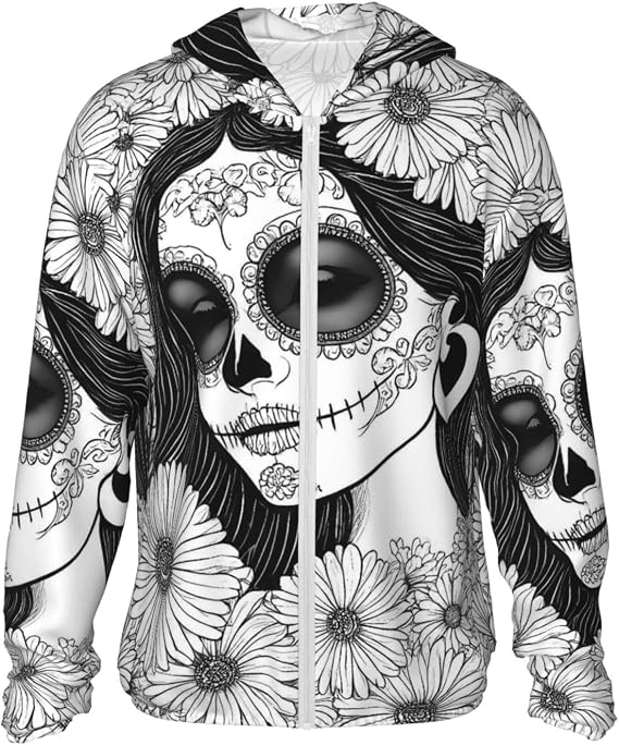 Floral Sugar Skull Portrait Print Sun Protection Shirt For Men Women, Zip Up Hoodie For Hiking Fishing Outdoor - skull sweatshirts
