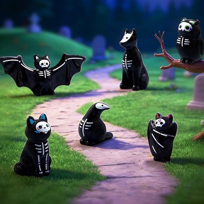 Day of the Dead Skeleton Animals, 6 PCS Resin Miniature Decor Set - skull figurine