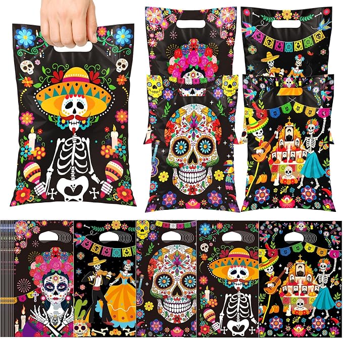 60 Pcs Mexican Party Decorations, 5 Designs Sugar Skull Goodie Bags, Mexican Fiesta Candy Treat Bags with Handles for Halloween Trick or Treat, Birthday Carnival Classroom Party Favors - skull sticker