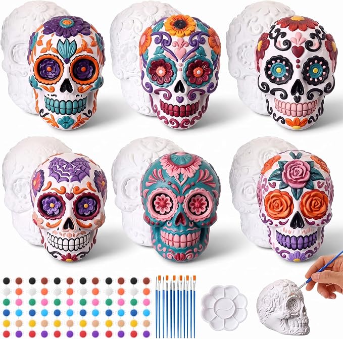 Tondiamo 6 Set 5" Halloween Sugar Skulls Ceramics to Paint for Kids Adults - skull wall art