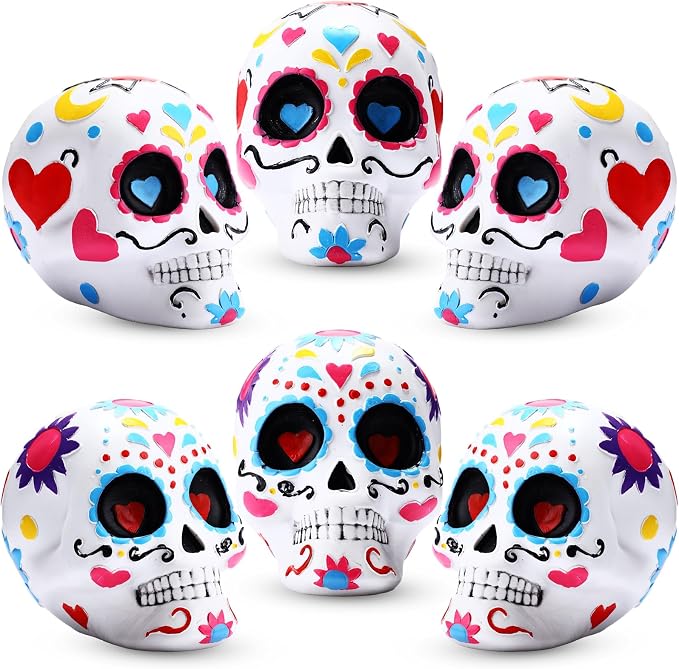 Amyhill 6 Pcs Day of The Dead Sugar Skull Figurine Decoration, 10" Colorful - skull figurine