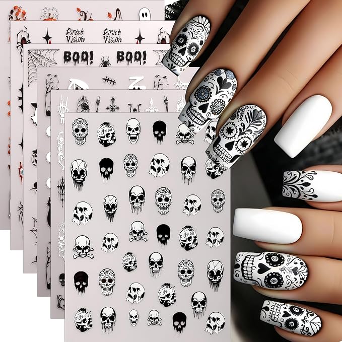 6Pcs Glowing Halloween Nail Stickers for Nail Art Skull Ghost Skeleton Nail Decals Glow in the Dark Spider Web Cat Design Sticker Self Adhesive Gothic Nail Art Decoration Supplies for Women Girls - skull sticker