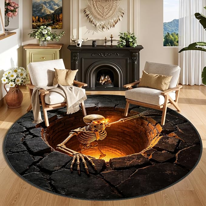 Halloween Skull Area Rugs Round 6ft Washable Non-Slip,Halloween Round Rug Circle Carpet Skull Carpet for Living Room Bedroom Dining Room