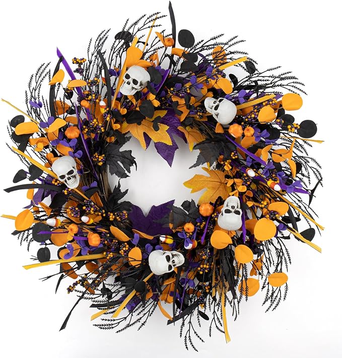 20 Inches Halloween Wreath Halloween Wreaths for Front Door Gothic Wreaths - skull wreath