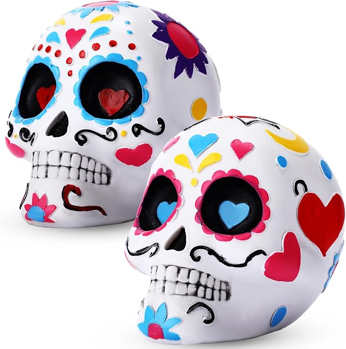 Amyhill 2 Pcs Day of The Dead Sugar Skull Figurine Decoration, 10" Colorful - skull painting