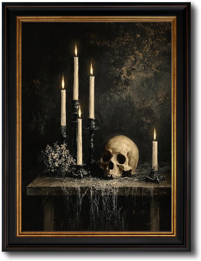 Skull and Candles Framed Canvas Art, Gothic Halloween Wall Decor - skull candle