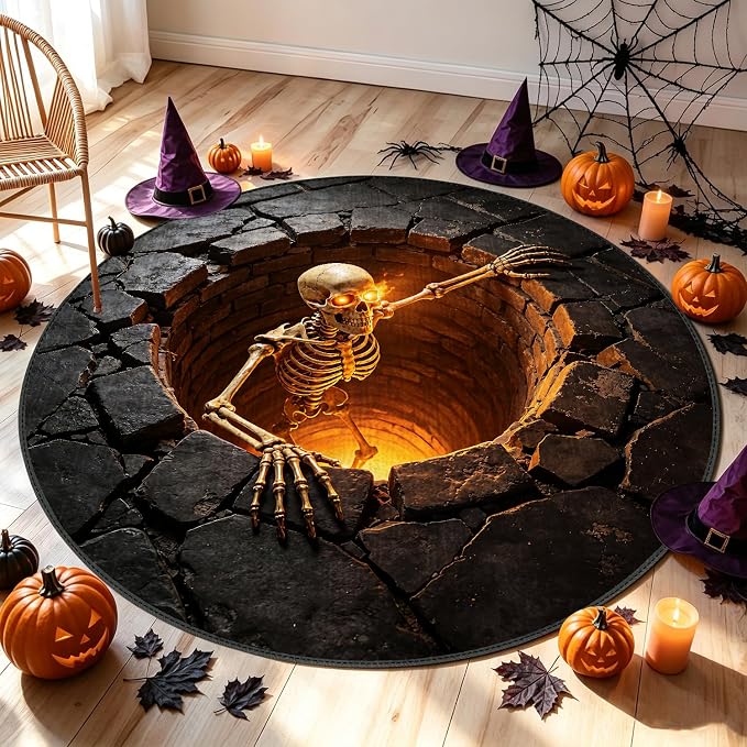 Halloween Skull Round Area Rugs 4ft Washable Non-Slip,Halloween Round Rug Circle Carpet Skull Carpet for Living Room Bedroom Dining Room - skull carpet