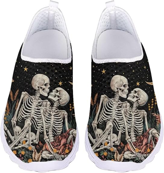 Women's Slip on Walking Shoes Mesh Sneakers Halloween Running Shoe - sugar skull boots