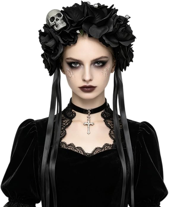 JIAHG Gothic Skull Rose Flower Crown Headband Halloween Floral Headpiece - sugar skull costume