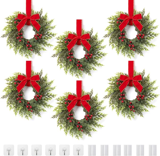 6 Pcs Mini Wreaths for Cabinets, 15 Inch Christmas Wreath - skull wreath