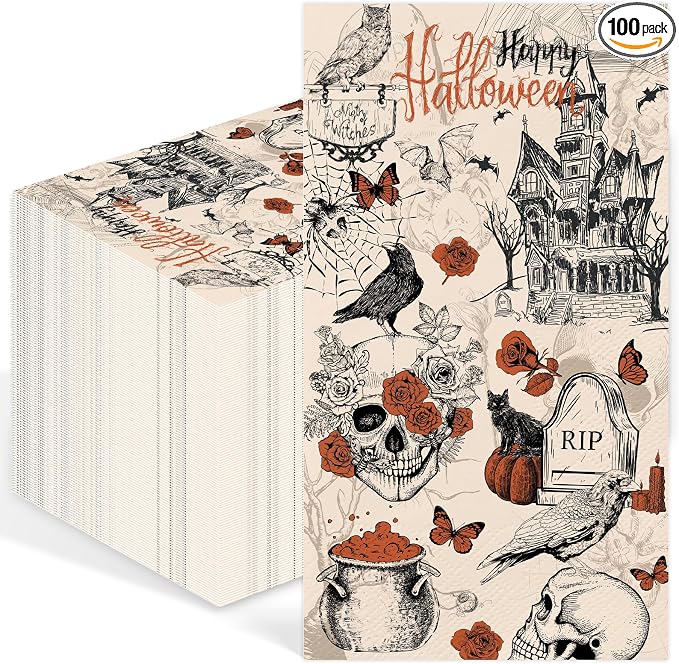 100 Pcs Halloween Paper Napkins Gothic Skeleton Bat Dinner Napkin - skull toilet paper