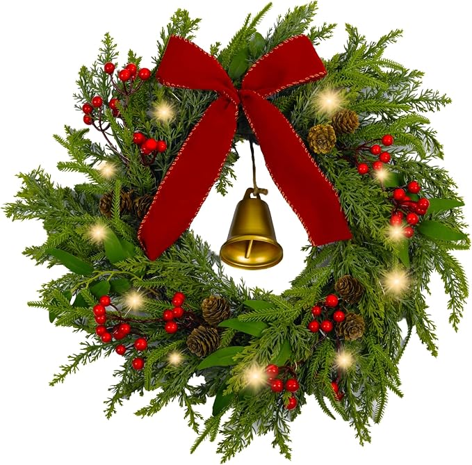 22 Inch Artificial Pine Christmas Wreath with Red Bow and Bell for Door - skull wreath