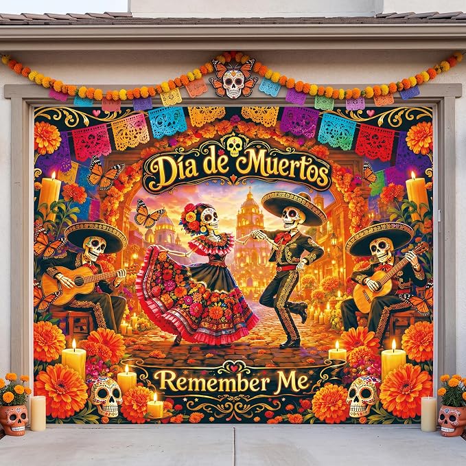 Tioncy Day of the Dead Garage Door Cover Decoration 8 x 7 ft - skull floor mat