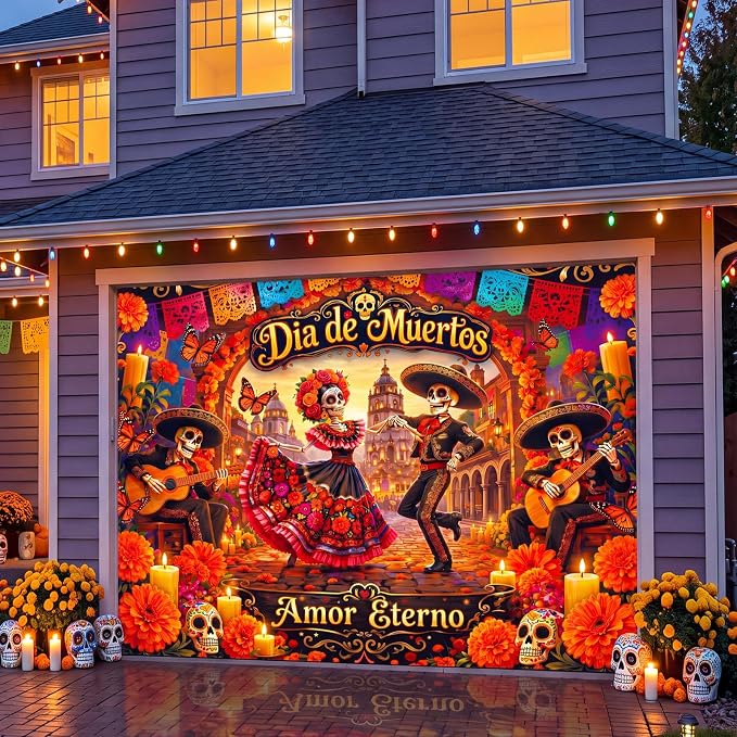 Tioncy Day of the Dead Garage Door Cover Decoration 8 x 7 ft - skull candle