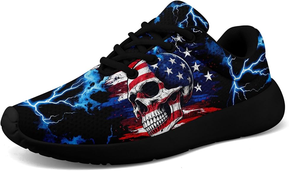 Men's Patriotic Skull Sneakers Veteran American Flag Graphic Casual Shoes - sugar skull boots