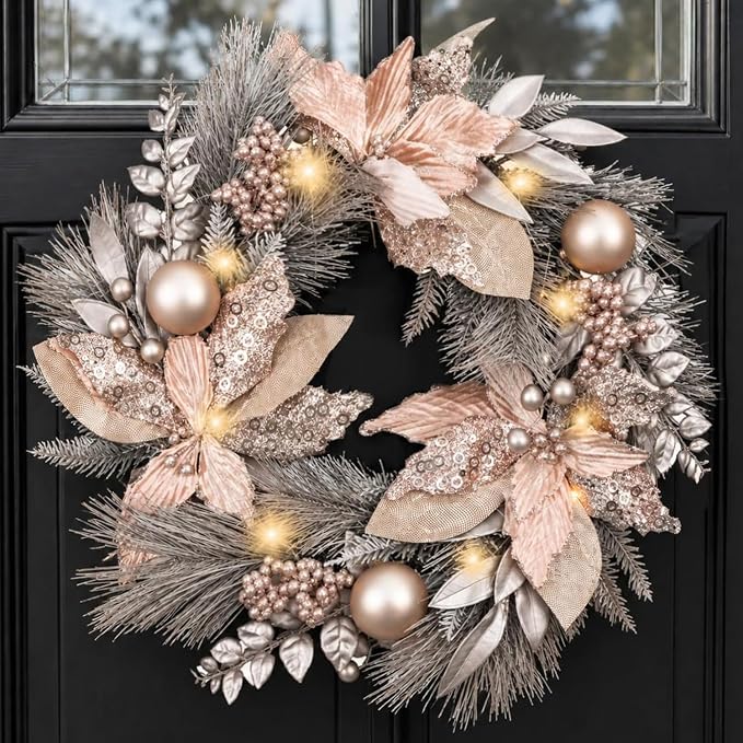 22 Inch Champagne Christmas Wreath with Gold Ball Ornaments for Front Door