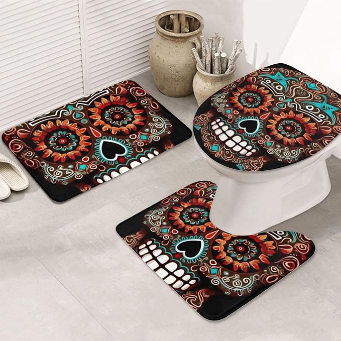 Sugar Skulls Day of the Dead Bathroom Rug Sets 3 Piece Home Decor - skull toilet paper
