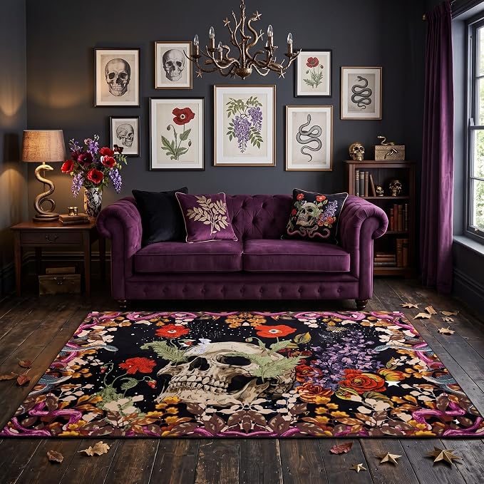 Halloween Gothic Skull Snake Floral Area Rugs 3x4ft - skull carpet