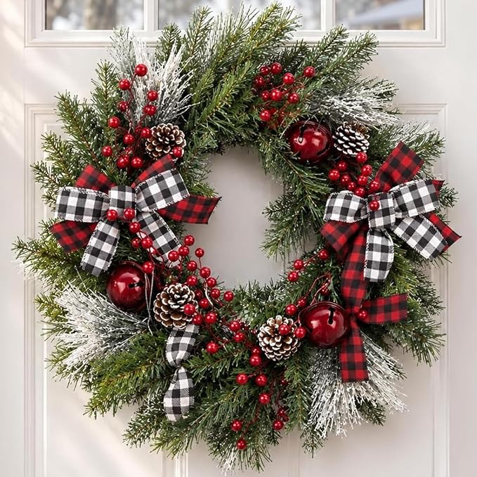 22 Inch Artificial Christmas Wreath with Buffalo Plaid Bows Bell Pine Cone