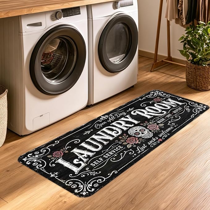 Laundry Room Rug, Washer Dryer Topper, 47 x 20 Polyester, Gothic - skull carpet